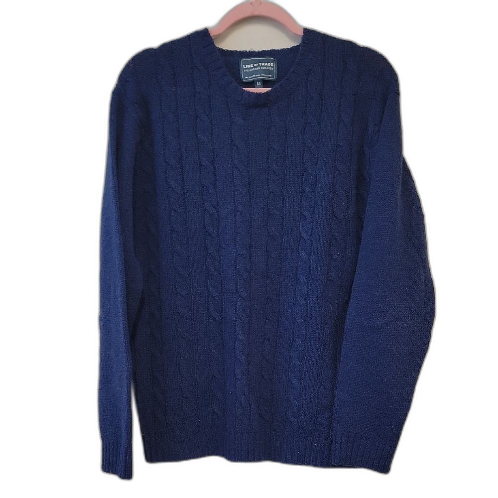 Line Of Trade The Mariner Sweater Blue Shetland Wool Cable Knit Crewneck Size M